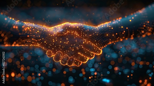 An illustration of a business handshake made up of digital data, representing tech partnerships.