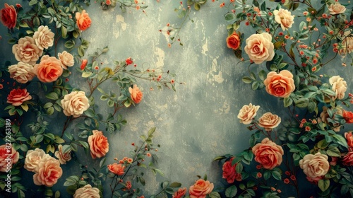 An elegant floral pattern of climbing roses in full bloom. The soft, muted colors create a romantic and vintage feel.
