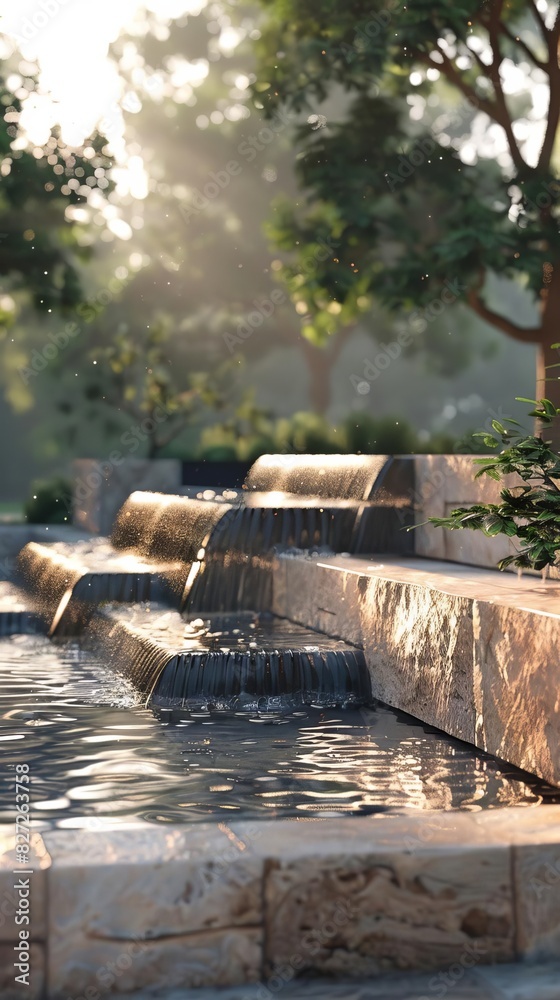 A manmade waterfall in a modern park, with ambient occlusion used to give a more natural look to the stone and water features, knolling