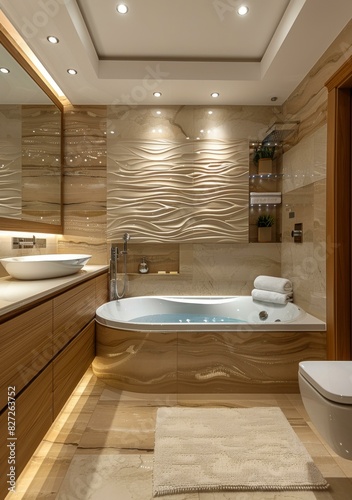 Beige Marble Bathroom Interior With Wooden Vanity