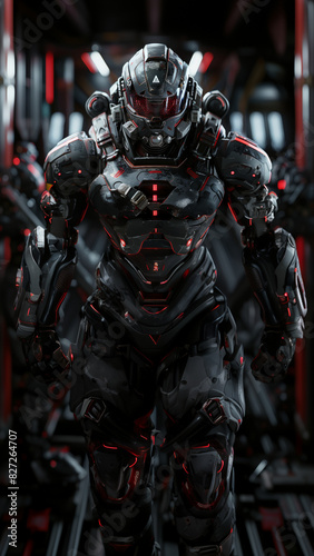 dark grey space soldier with red accents, red visor, in a spaceship, vertical 9:16