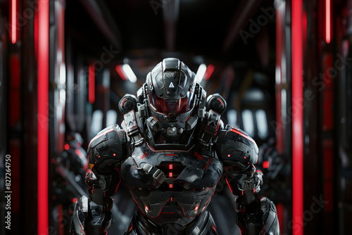 dark grey space soldier with red accents, red visor, in a spaceship, monitor 3:2