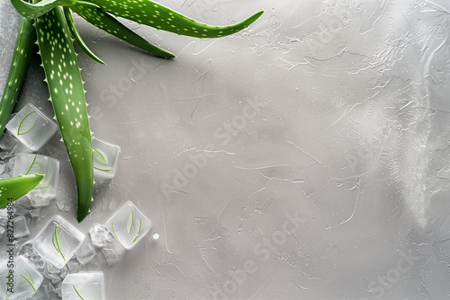 minimalist flat lay image with Aloe vera leaves and ice cubes positioned in the corner of a grey background. The simplicity of the grey surface enhances the natural colors of the A photo