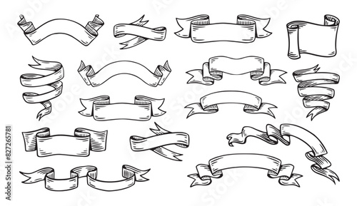 Hand drawn ribbons vintage set. Doodle style black color sketch. Isolated elements.