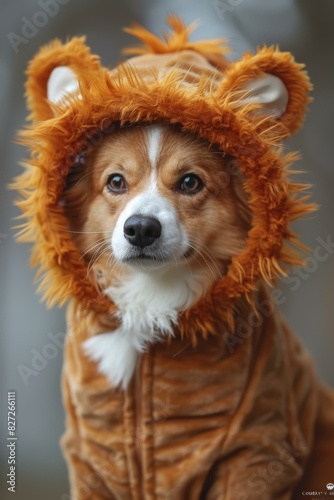 A cute dog wearing a lion costume photo