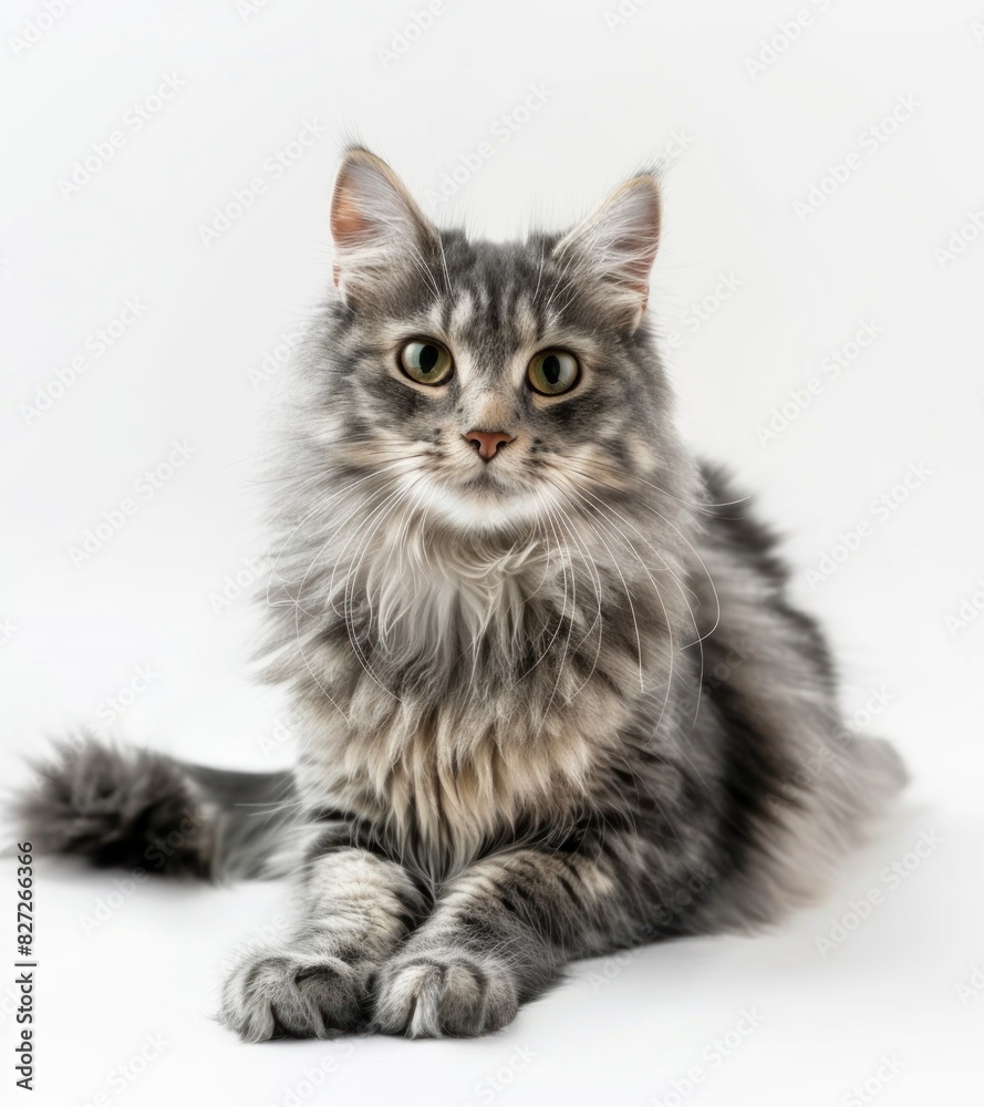Adorable Long-Haired Grey Cat Sitting and Looking Curiously with Big Eyes Isolated on White Background - Generative AI Adorable Long-Haired Grey Cat Sitting and Looking Curiously with Big Eyes Isolated on White Background - Generative AI