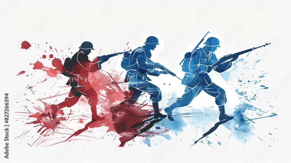Artistic Illustration of Soldiers in Combat with Dynamic Red and Blue Ink Splashes, Generative AI Artistic Illustration of Soldiers in Combat with Dynamic Red and Blue Ink Splashes, Generative AI