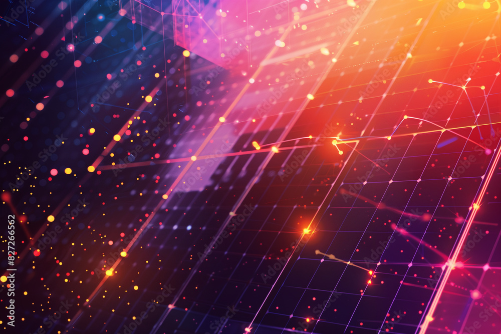 Colorful digital grid with dynamic lines and dots.