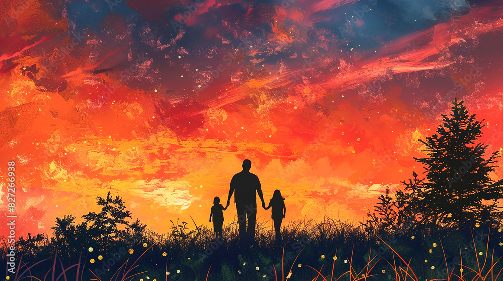 A painting of a family of three people standing on a hillside at sunset A painting of a family of three people standing on a hillside at sunset