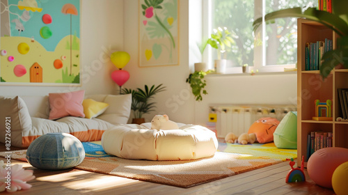 A colorful room with a couch, a potted plant, and a few stuffed animals © BetterPhoto