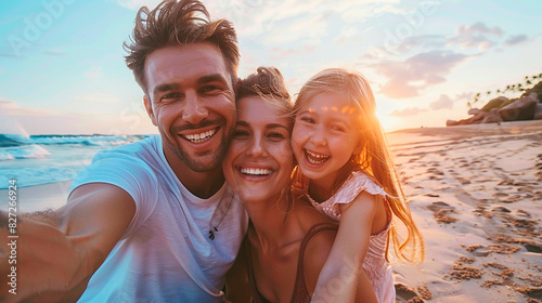 A family of three smiling on a beach