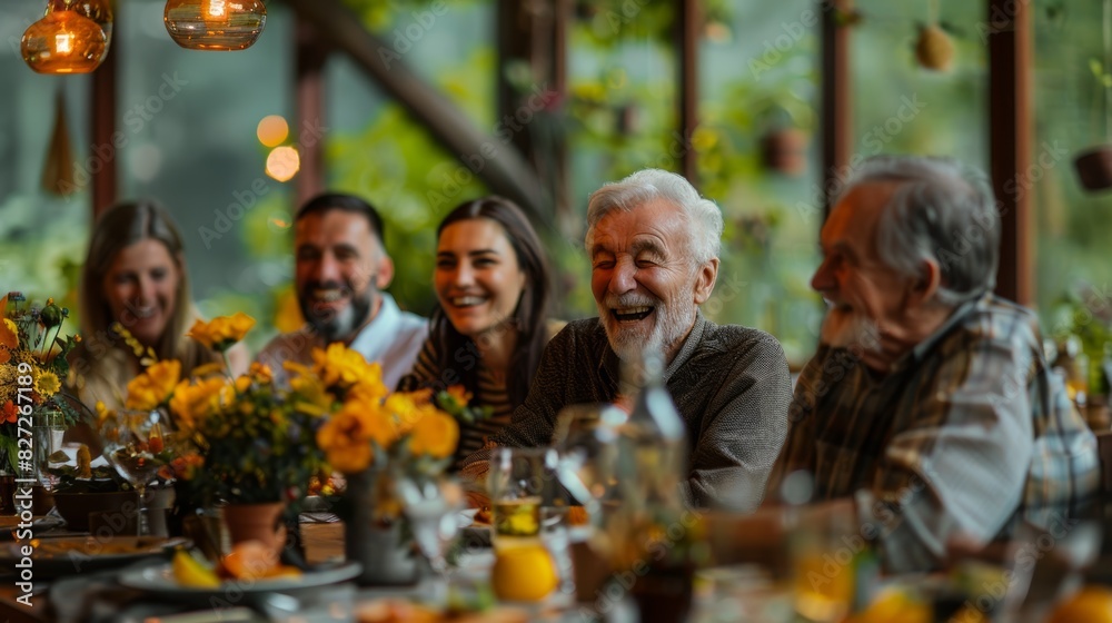 Elderly man laughing with family at a festive dinner table, decorated with yellow flowers and warm lighting