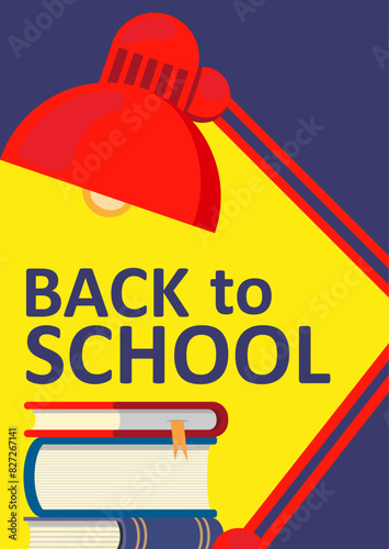 Back to School Minimalist Poster or Banner Concept. Red Desk Lamp over Creative typography Back to school and stack of books.