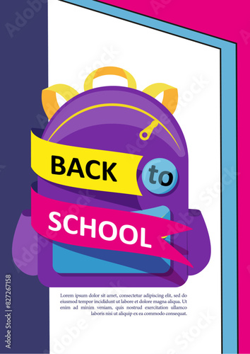 Back to School Minimalist Poster or Banner. Bright Purple backpack with typography Back to School on a color ribbon. Flat illustration to Beginning of new Studying year.