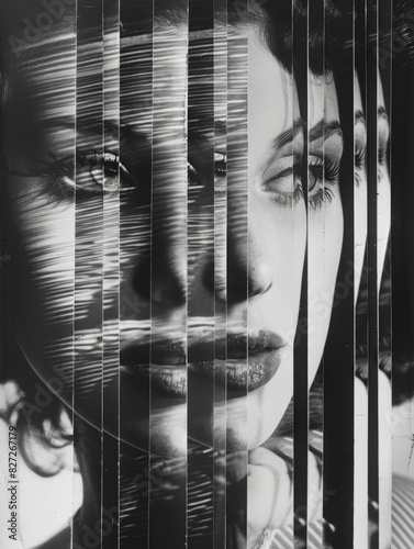 Black and white portrait of a woman with multiple vertical slits, creating a dynamic and fragmented visual effect, conveying themes of distortion and multiplicity in identity photo