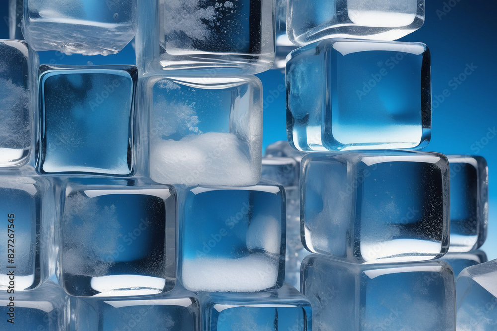 The portrait of a collection of cubed ice cubes arranged and stacked neatly looks beautiful on a cold plain background. generative ai The portrait of a collection of cubed ice cubes arranged and stacked neatly looks beautiful on a cold plain background. generative ai