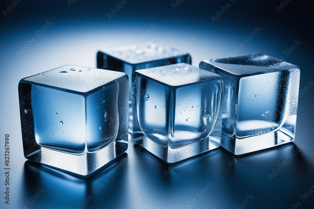 The portrait of a collection of cubed ice cubes arranged and stacked neatly looks beautiful on a cold plain background. generative ai