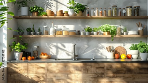 Modern kitchen setup with organic food items  inspired by New Naturalism focus on  healthy living  realistic  Fusion  Kitchen backdrop