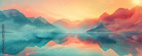 Surreal landscapes with dreamlike gradients, embodying Otherworldly Visions copy space, imaginative worlds, surreal, Double exposure, Fantasy land backdrop photo