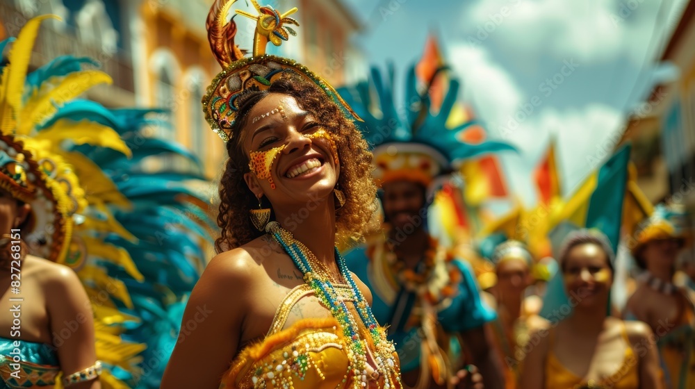 Smiling woman in elaborate costume enjoying a lively Sao Joao carnival parade, surrounded by vibrant colors and festive atmosphere