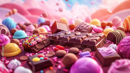 Colorful fantasy chocolate world with assorted sweets on a vibrant candy landscape © Viktoriia