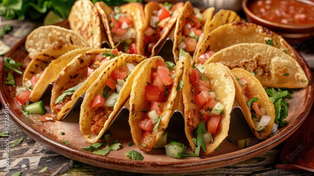Crispy fried tacos arranged neatly on a plate, ready to be served as a delicious and satisfying meal option