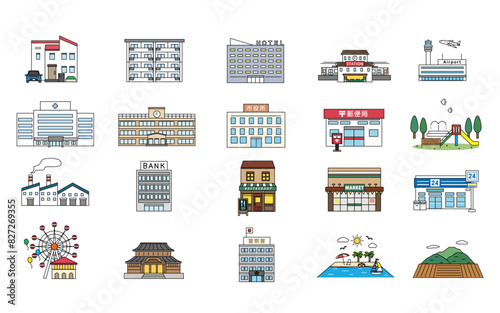 シンプル施設や建造物のイラストセット