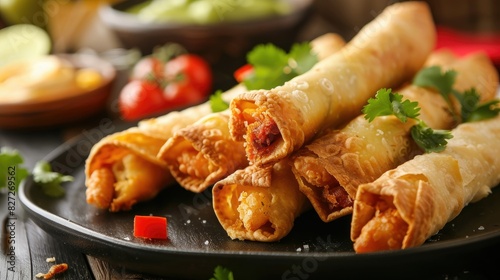 Delicious fried taquitos displayed on a plate, offering a crunchy and flavorful snack or meal option photo