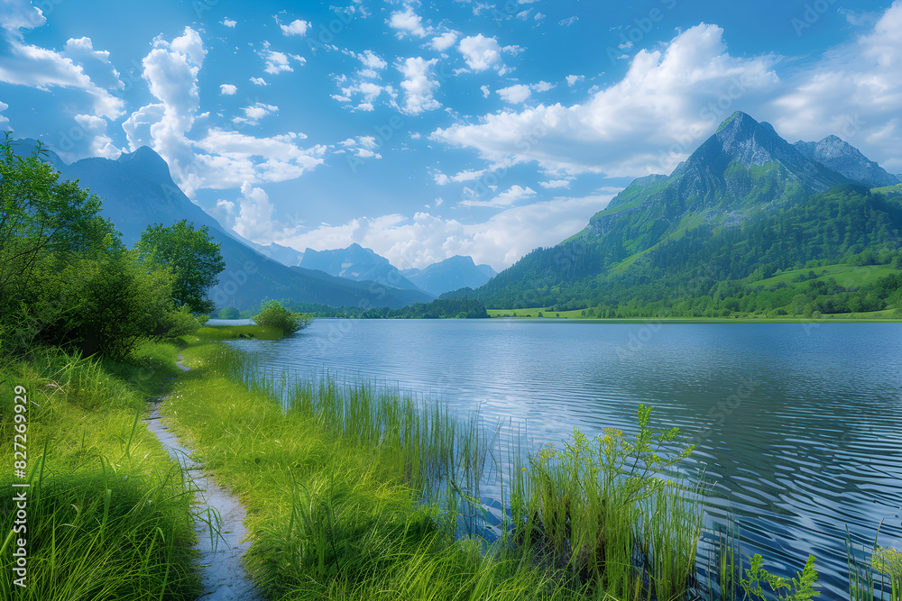 Tranquil Lakeside Landscape with Lush Greenery and Mountain Background under a Clear Blue Sky