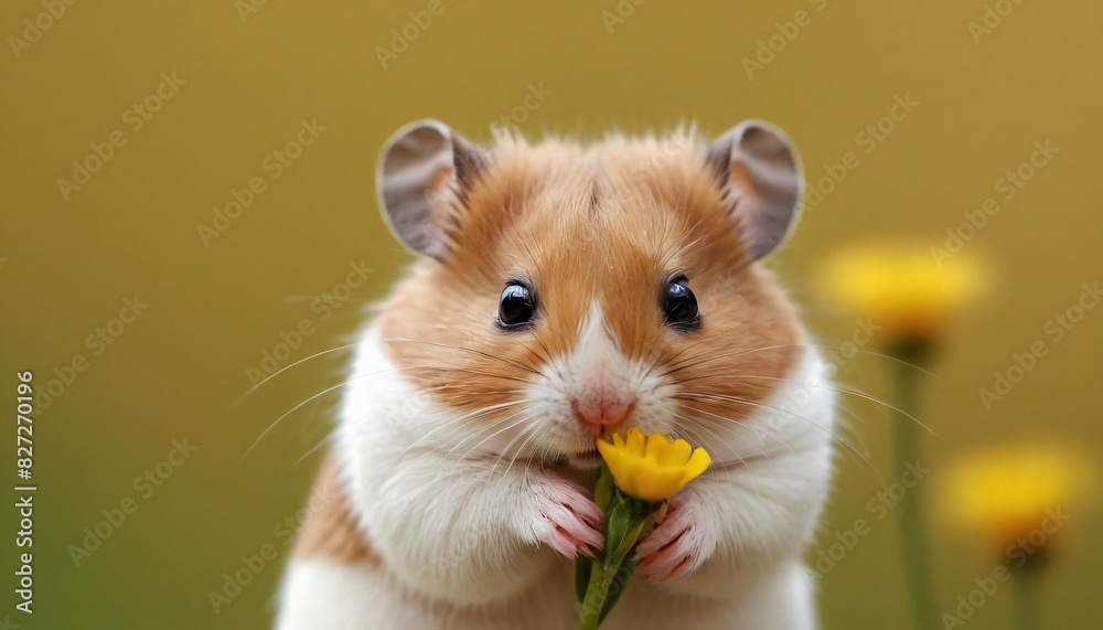 Hamster holding a flower, minimalist, cute pet, small animal close-up Hamster holding a flower, minimalist, cute pet, small animal close-up