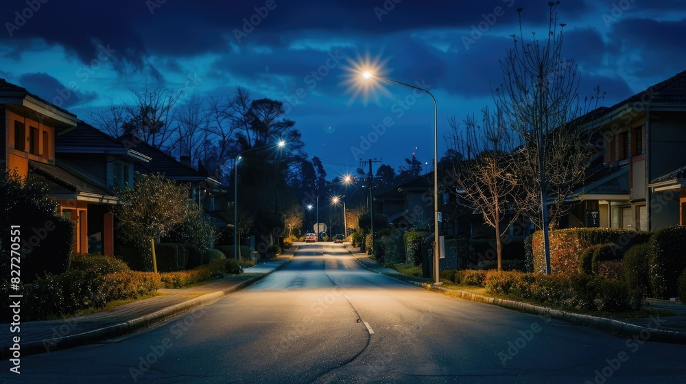 Evening scene of streetlights shining along a tranquil village road, enhancing visibility and security for residents
