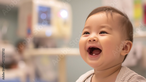 Happy infant in medical facility with mouth open and screen in backdrop