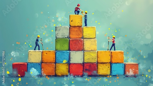 A drawing of a team building a tower of blocks, symbolizing constructing a solid business foundation.