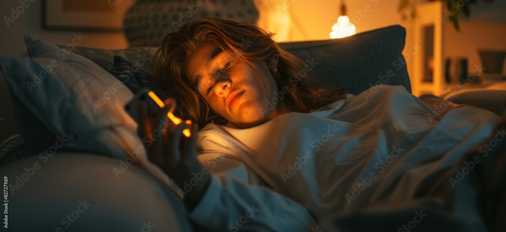 The person using smartphone in bed The person using smartphone in bed