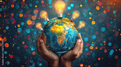 An illustration of hands holding a globe with lightbulbs, symbolizing global innovation. photo