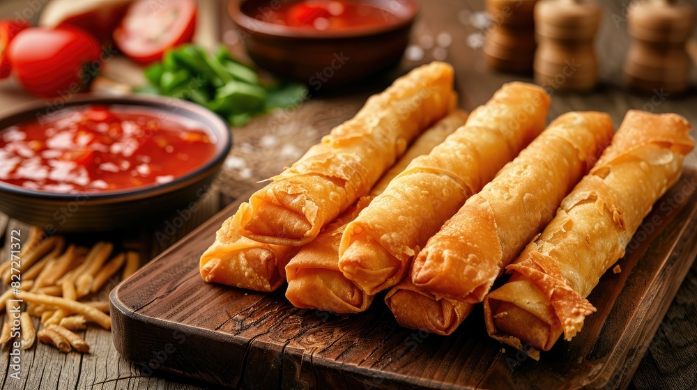 Golden brown fried taquitos arranged on a platter, offering a tasty and convenient meal option for any occasion Golden brown fried taquitos arranged on a platter, offering a tasty and convenient meal option for any occasion