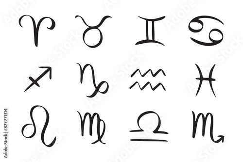 Hand drawn zodiac signs. Doodle Esoteric symbol set. Astrology clipart design Elements 