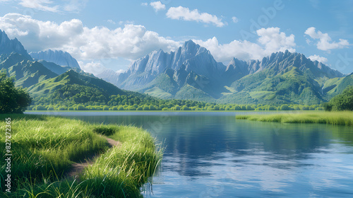 Tranquil Lakeside Landscape with Lush Greenery and Mountain Background under a Clear Blue Sky