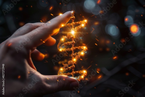 Hand pointing at a glowing DNA helix  dark background with golden lights  futuristic science
