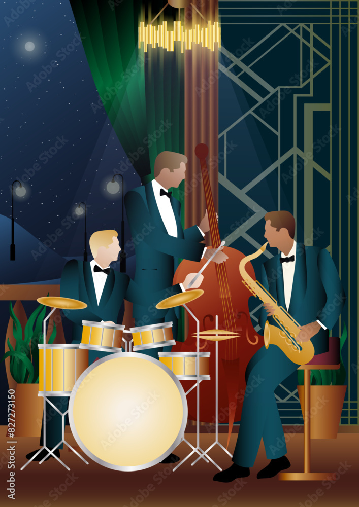 Fototapeta premium Jazz musicians near the Balcony. Double bass, saxophone, drum. Musicians play musical instruments