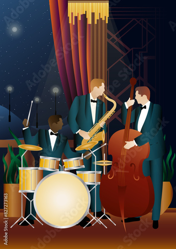 Jazz musicians near the Balcony. Double bass, saxophone, drum. Musicians play musical instruments