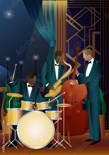 Jazz musicians near the Balcony. Double bass, saxophone, drum. Musicians play musical instruments