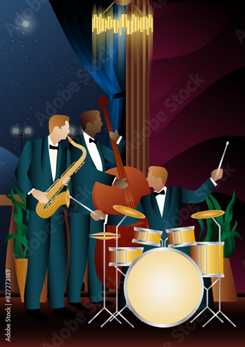 Jazz musicians near the Balcony. Double bass, saxophone, drum. Musicians play musical instruments