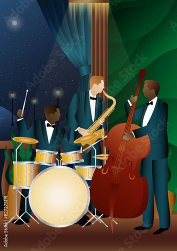 Jazz musicians near the Balcony. Double bass, saxophone, drum. Musicians play musical instruments