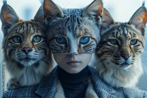 Abstract young woman in a suit with lion and tiger heads on her shoulders is looking at the camera with a serious expression. photo