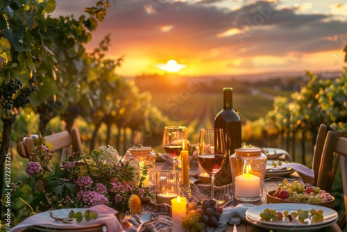A table with plates  food  and wine glasses in a vineyard at sunset