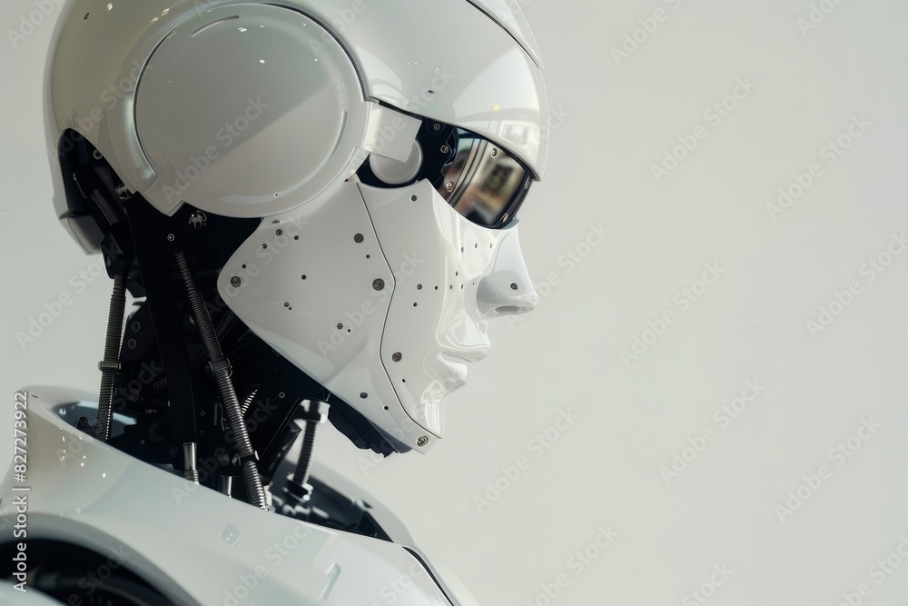 Futuristic white ai humanoid robot portrait with copy space and technology concept for innovation and robotics industry Futuristic white ai humanoid robot portrait with copy space and technology concept for innovation and robotics industry