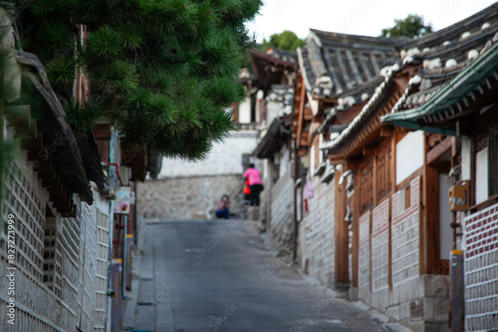 View of the old street with the traditional Korean houses in Bukchon