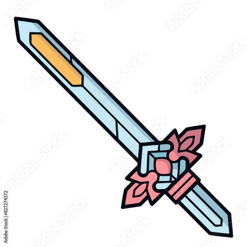 An icon depicting medieval sword, showcasing straight blade with simple crossguard and round pommel