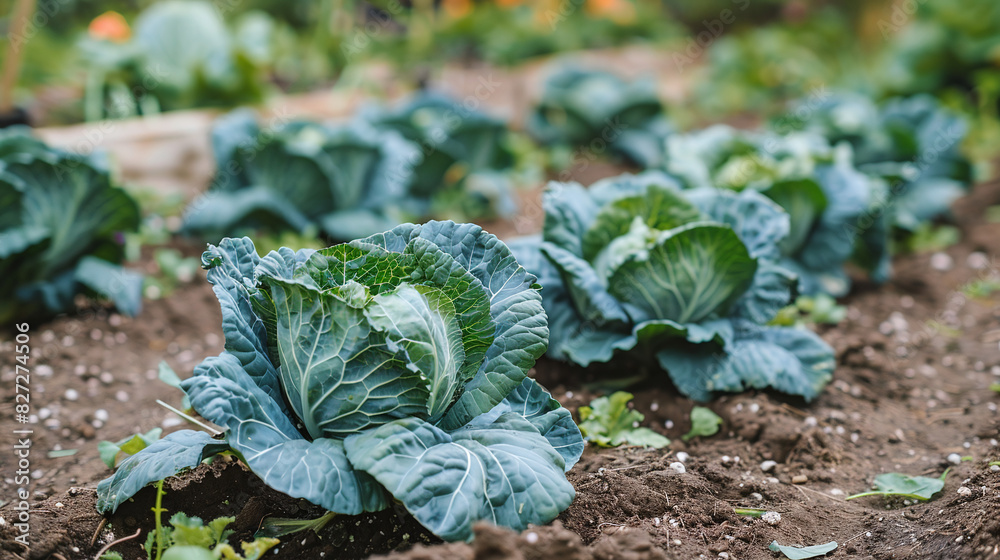 Naklejka premium Growing cabbage in the garden